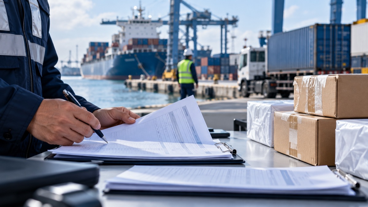 Illustrative cargo paperwork and freight at a port