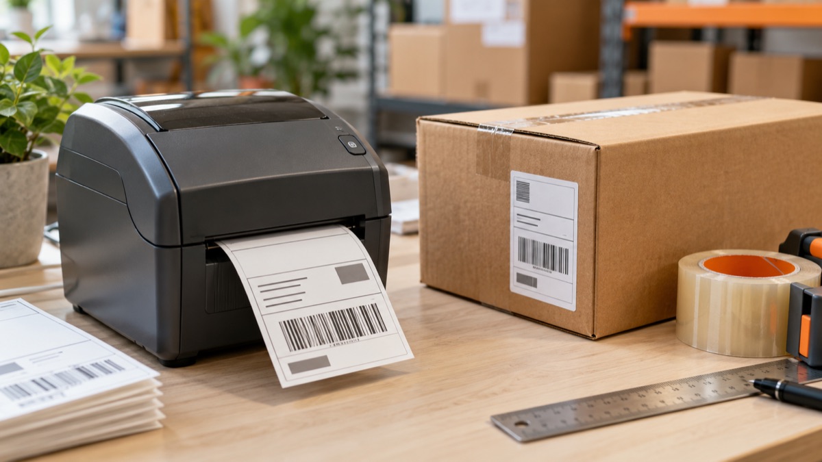 Illustrative logistics scene for shipping labels